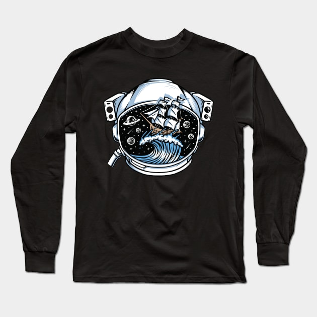 Sailing ship inside the astronaut helmet Long Sleeve T-Shirt by The Outsiders